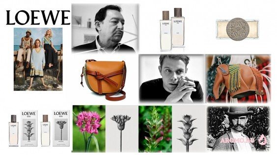 Слева направо сверху вниз: коллекция Loewe весна-лето 2019; Эмилио Валерос;  Loewe 001 Man и Woman; деревянный колпачок с гравировкой логотипа Loewe; сумка Gate Loewe; Джонатан Андерсон; сумка Elephant Mini, упаковки ароматов LOEWE 001; Allium ostrowskianum; Acanthus mollis; Карл Блоссфельдт 
