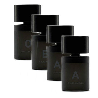 A: Killer Vanilla, AB: Liquid Spice, B: Magic Amber и 0: Cruel Incense от Blood Concept
