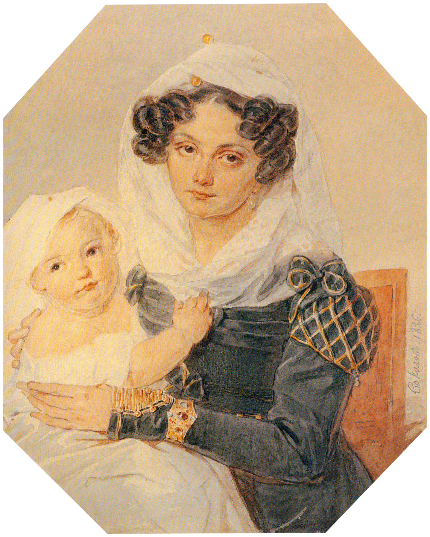 Княгиня М. Н. Волконская с сыном. Акварель Соколова. Княгиня М. Н. Волконская с сыном. Акварель Соколова.